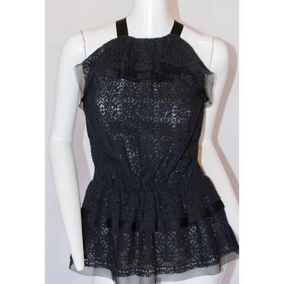 Oscar De La Renta Black Lace Halter Top with Two-Tier Ruffle Trim - Size 8 - Picture 2 of 6
